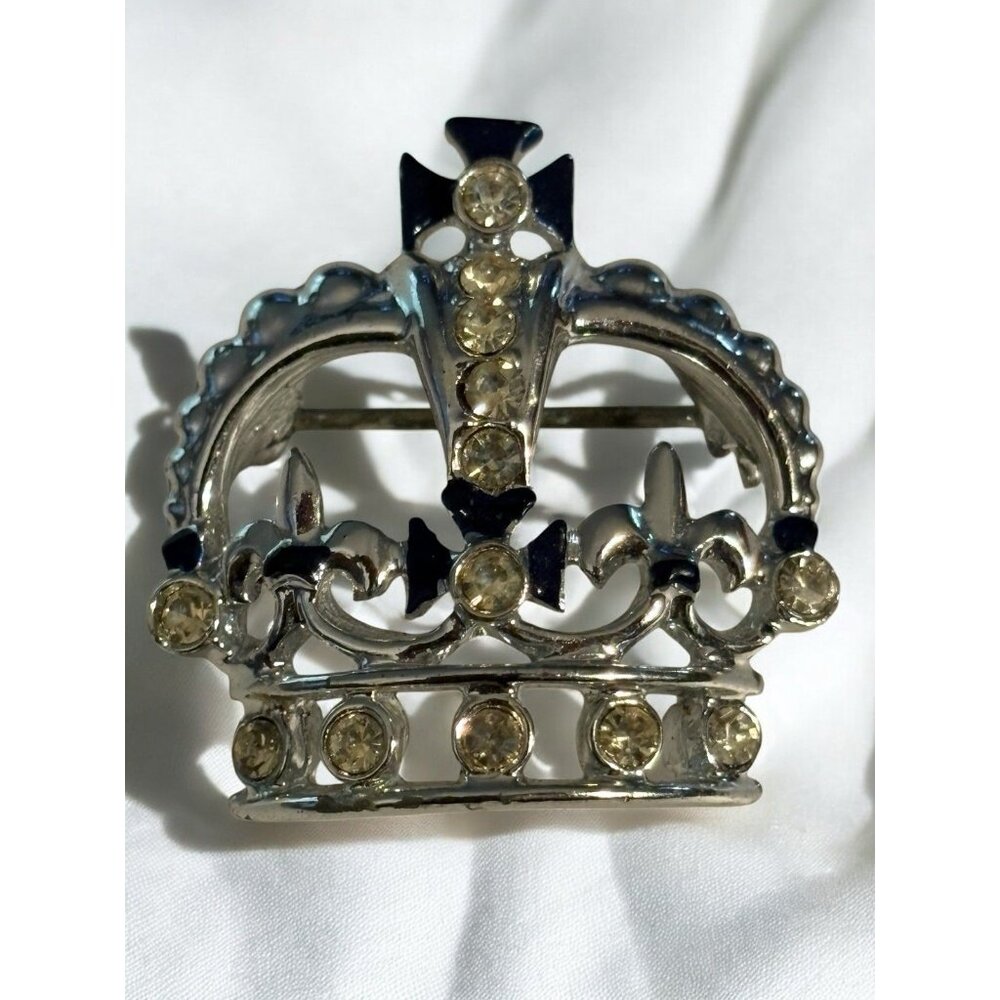 Sarah Coventry Crown Award Brooch Pin‎ Silver Tone Blue Enamel Rhinestones VTG